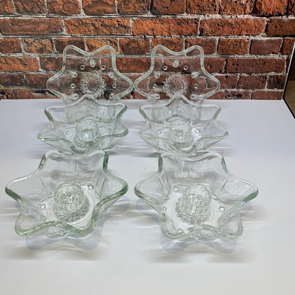 Set 6 Vintage 6 Point Star Shaped Clear Glass Taper Candle Holders Party Decor